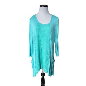 LOGO by Lori Goldstein Womens Knit Top with Pockets & Lace Panels Size XL Teal